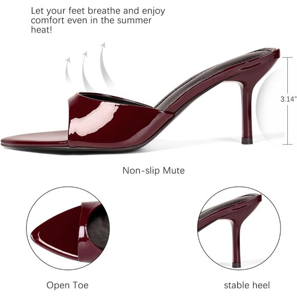 Women's Burgundy Open Toe Kitten Heels Pointed Toe Mule Slip On Elegant Shoes - Picture 3 of 6